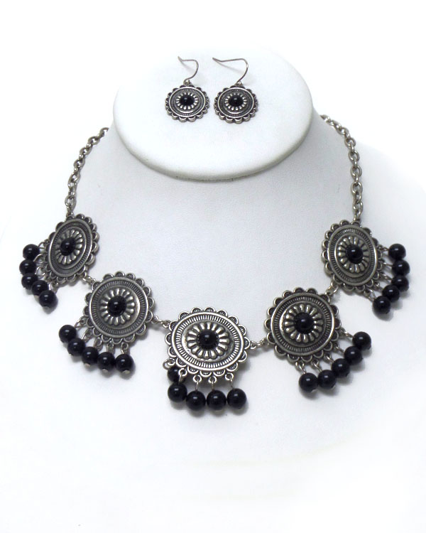 LINKED METAL DISKS WITH BEADS DROP NECKLACE SET 