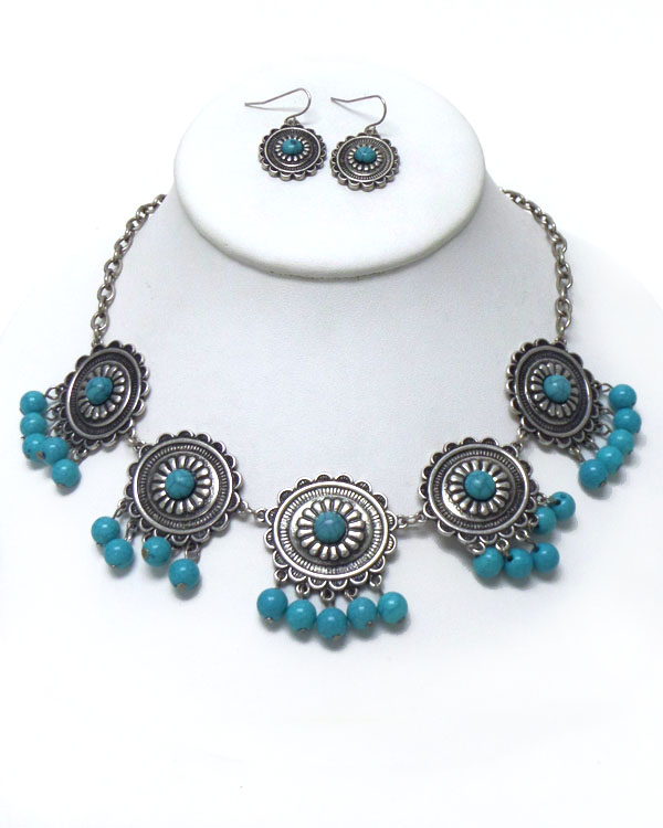 LINKED METAL DISKS WITH BEADS DROP NECKLACE SET