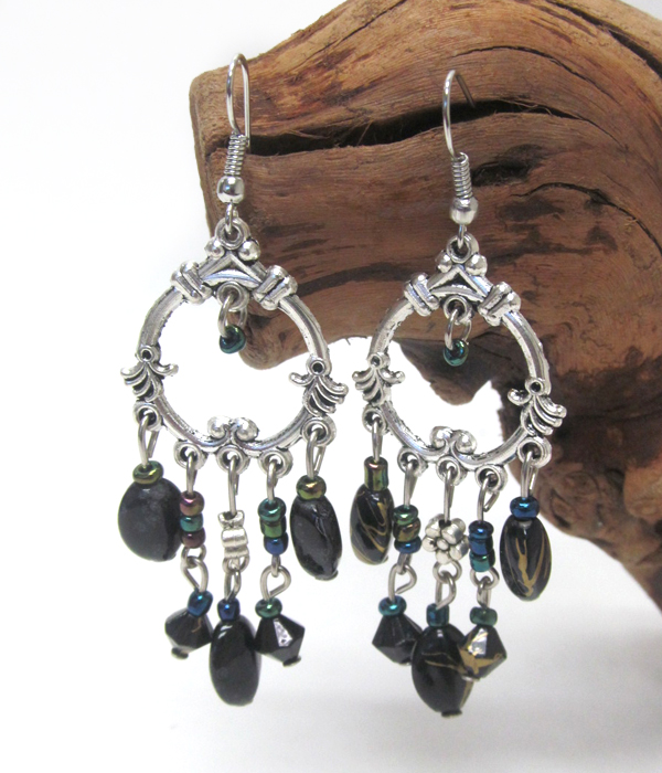 ANTIQUE SILVER BOHEMIAN AND BEAD DROP EARRING