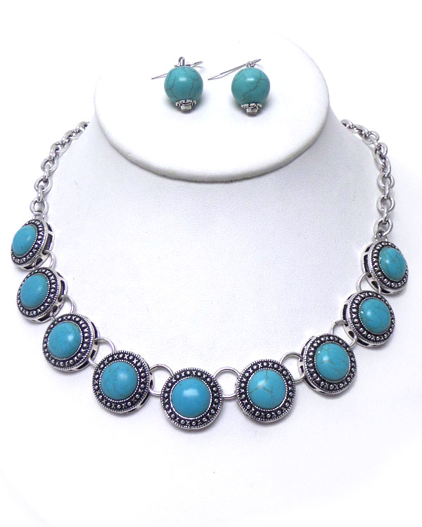 LINKED DISKS WITH TURQUOISE STONE NECKLACE SET