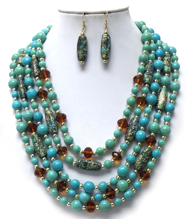 MULTI LAYER TURQUOISE STONE AND BEADS  NECKLACE SET