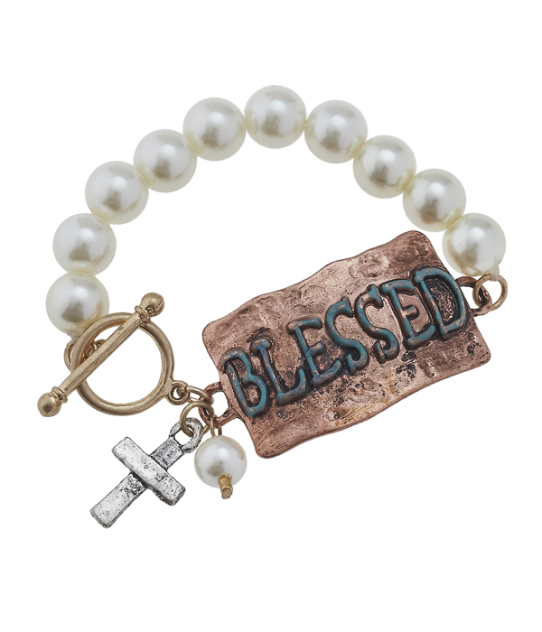 HANDMADE PLATE AND PEARL TOGGLE BRACELET - BLESSED