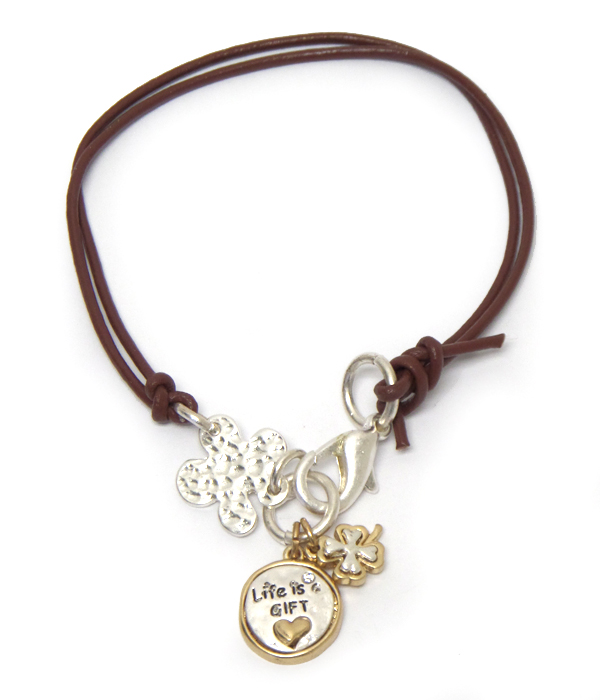 CLOVER AND DISK CHARM AND LEATHER CORD BRACELET - LIFE IS GIFT