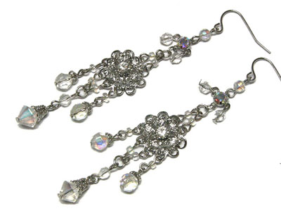 CRYSTAL AND BEADS DROP FLOWER EARRING