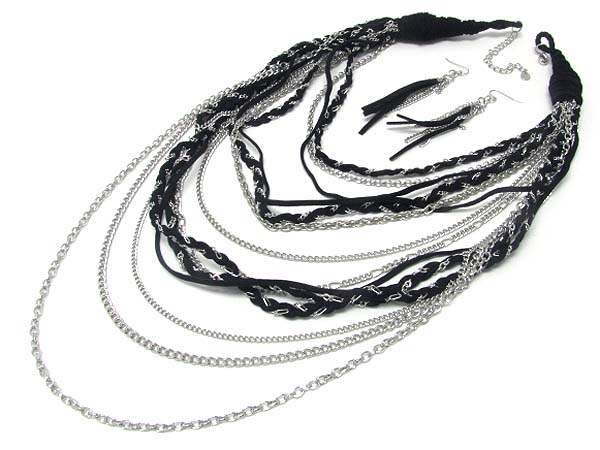 METAL AND SUEDE BRAIDED MULTI ROW LONG NECKALCE EARRING SET