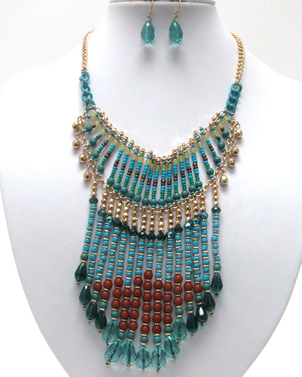 TRIBAL STYLE MIXED GLASS SEED BEADS LONG DROP NECKLACE EARRING SET