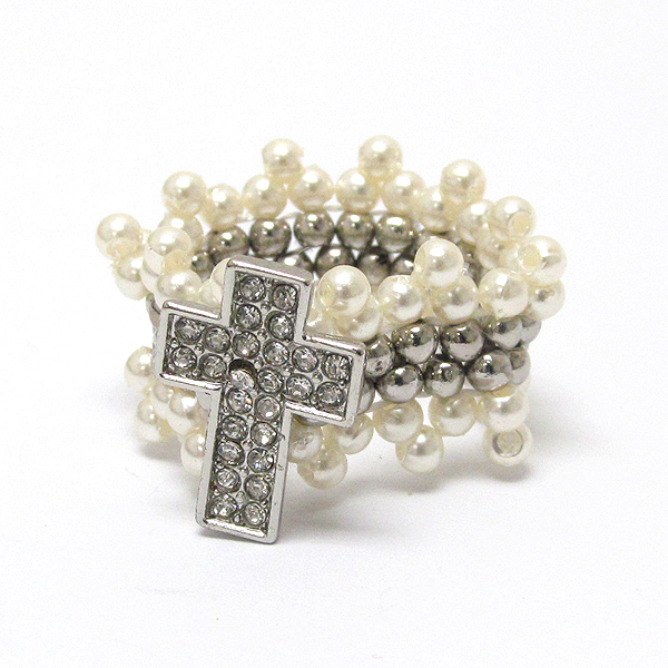 CRYSTAL CROSS AND PEARL BAND STRETCH RING