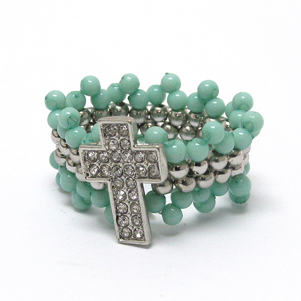CRYSTAL CROSS AND PEARL BAND STRETCH RING