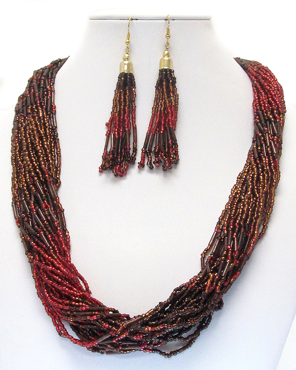 MULTI SEED BEAD AND LAYERED CHAIN NECKLACE EARRING SET