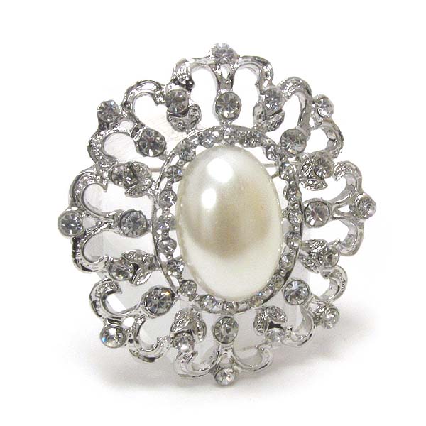 PEARL CENTER AND CRYSTAL DECO FLOWER PIN OR BROOCH