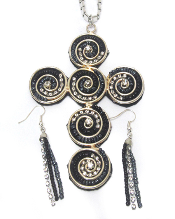 EXTRA LARGE SEED BEADS AND CRYSTAL CROSS PENDANT NECKLACE EARRING SET