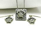 CRYSTAL CROWN PIMPLE SQUARE METAL PENDANT NECKLACE EARRING SET
