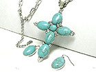 TURQUOISE AND CRYSTAL CROSS PENDANT NECKLACE EARRING SET