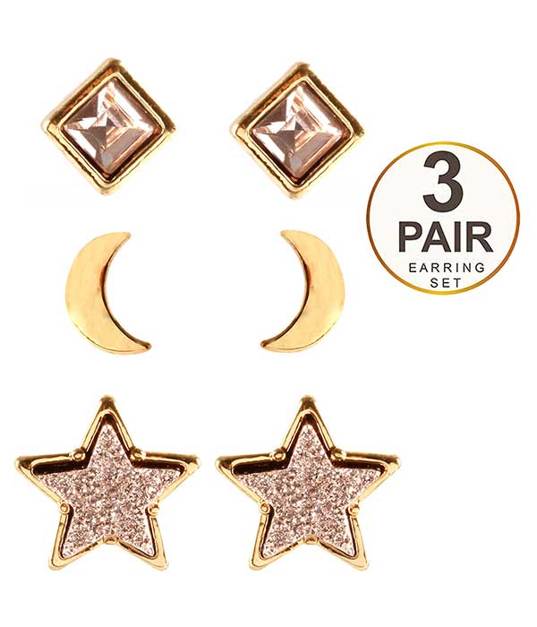DRUZY AND CRYSTAL 3 PAIR EARRING SET - STAR