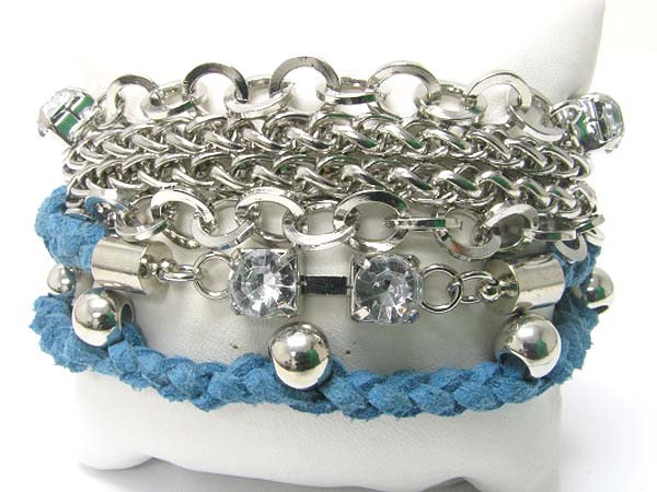 BARIDED SUEDE AND CRYSTAL WOTH MULTI MIXED CHAIN LINK BRACELET