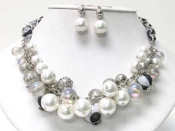 MULTI PEARL AND GLASS BALL DANGLE CHIFFON BACK CHAIN NECKLACE EARRING SET