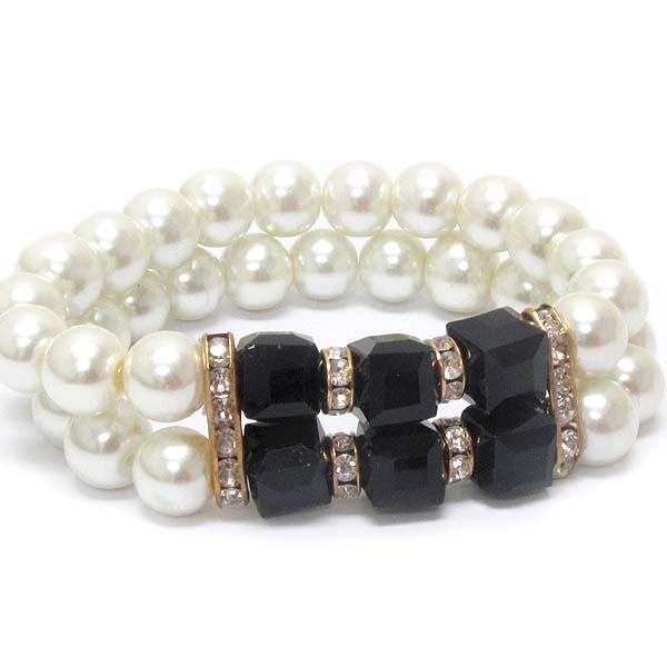 CUBE GLASS AND DOUBLE LAYER PEARL STRETCH BRACELET