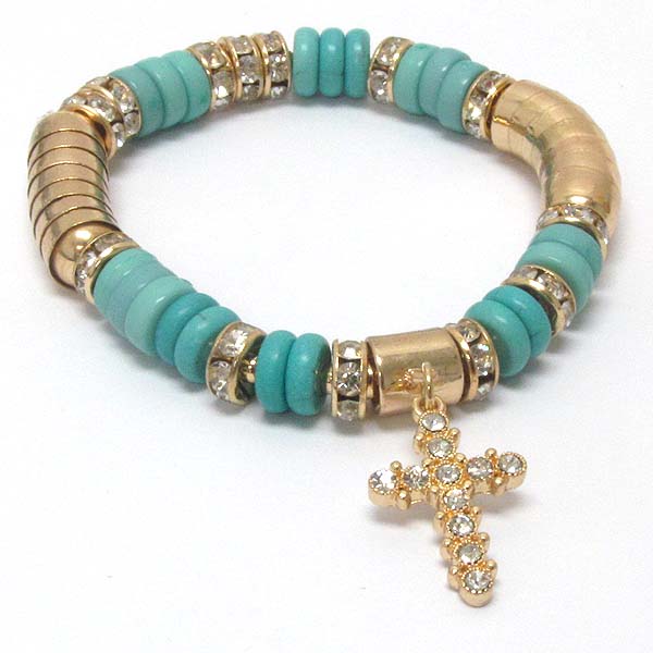 CRYSTAL CROSS CHARM AND RONDELLE DECO STRETCH BRACELET