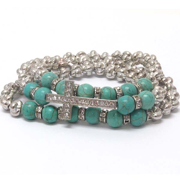 CRYSTAL CROSS AND RONDELLE AND TURQUOISE BALL MIX STRETCH AND WRAP BRACELET