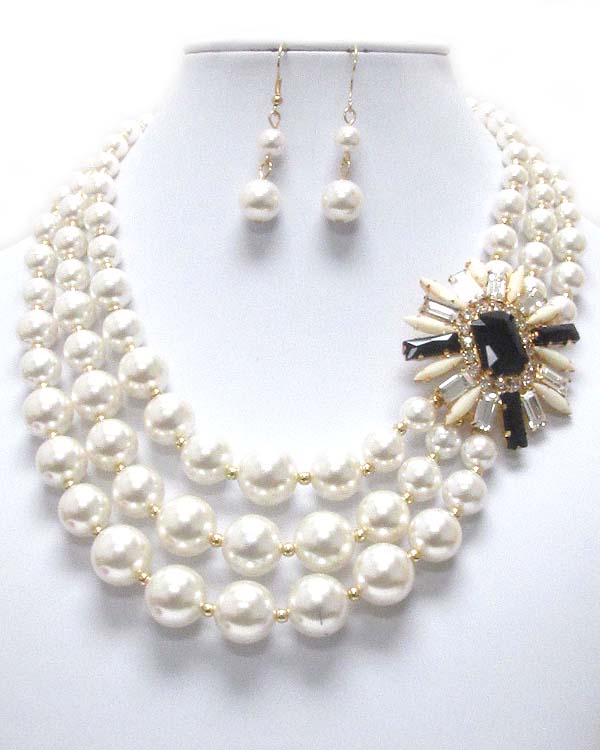 CRYSTAL DECO FLOWER AND 3 LAYERED PEARL CHAIN NECKLACE EARRING SET