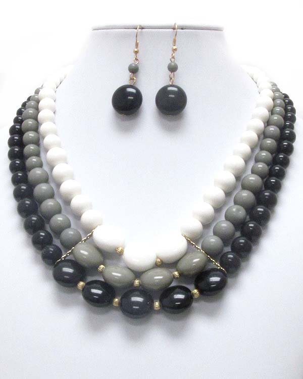 CHUNKY MULTI COLOR PUFFY DISK AND BALL MIX 3 LAYERED CHAIN NECKLACE EARRING SET