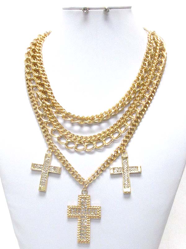 TRIPLE CRYSTAL CROSS AND MULTI LAYERED CHAIN NECKLACE EARRING SET