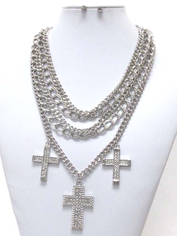 TRIPLE CRYSTAL CROSS AND MULTI LAYERED CHAIN NECKLACE EARRING SET