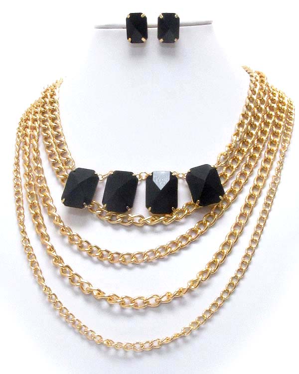 MULTI LAYERED METAL CHAIN AND STONE ACCENT NECKLACE EARRING SET