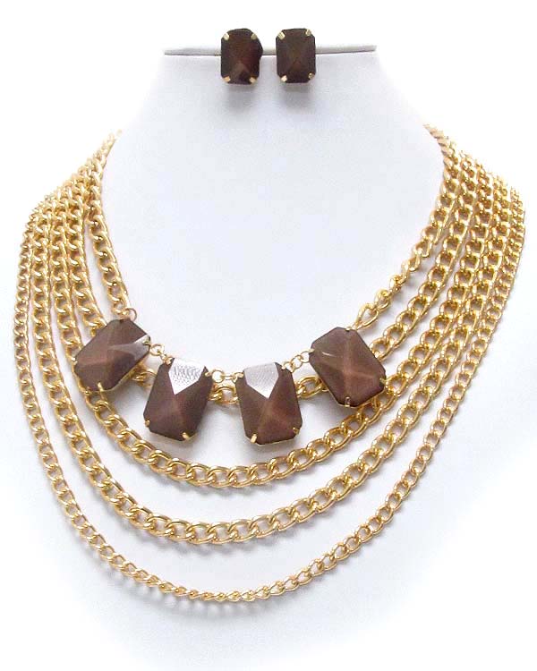 MULTI LAYERED METAL CHAIN AND STONE ACCENT NECKLACE EARRING SET