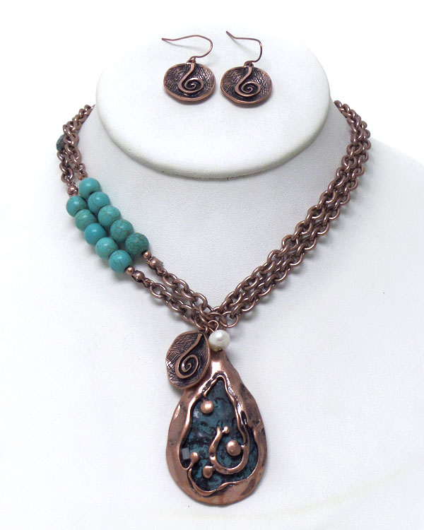 RUSTIC VINTAGE TWO LAYER CHAIN WITH TURQUOISE STONE NECKLACE SET