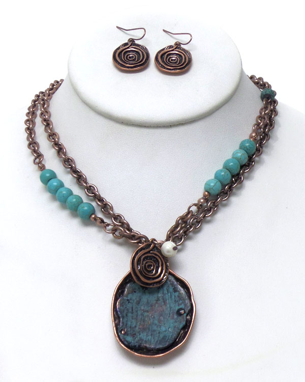 RUSTIC VINTAGE TWO LAYER CHAIN WITH TURQUOISE STONE NECKLACE SET