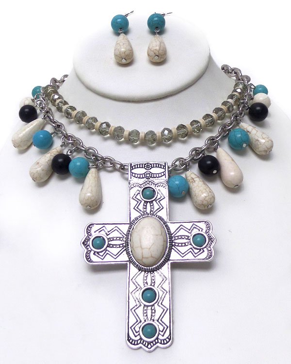 CROSS TWO LAYER CHAIN WITH TURQUOISE STONE NECKLACE SET