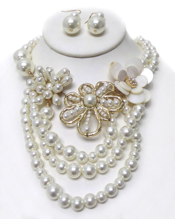 THREE LAYER PEARLS WITH FLOWERS NECKLACE SET