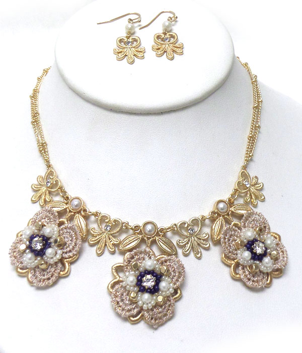 VINTAGE LACE WITH METAL FLOWERS NECKLACE SET