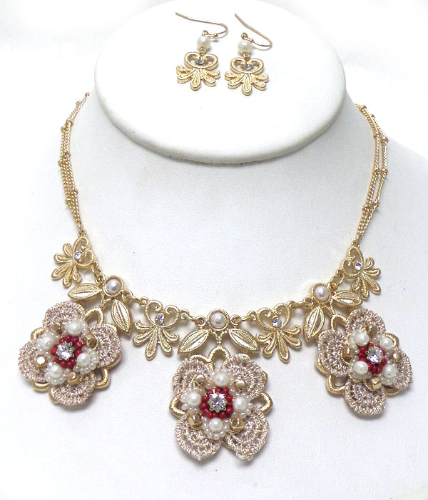 VINTAGE LACE WITH METAL FLOWERS NECKLACE SET