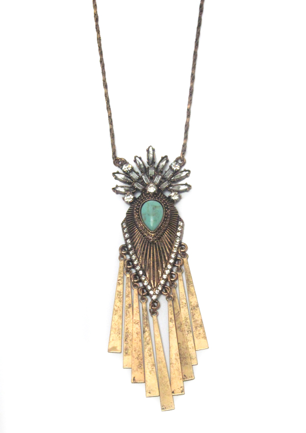 BOHEMIAN STYLE TURQUOISE CENTER AND METAL BAR DROP LONG NECKLACE