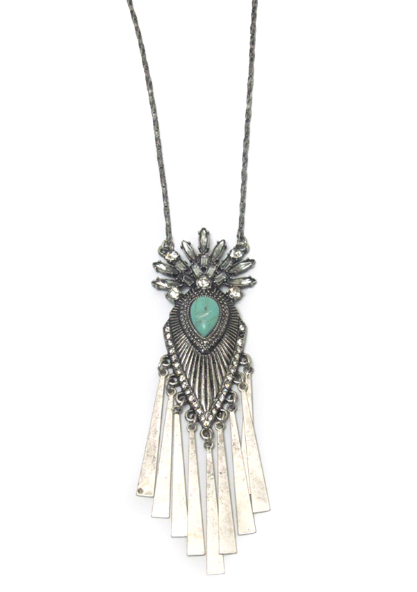 BOHEMIAN STYLE TURQUOISE CENTER AND METAL BAR DROP LONG NECKLACE