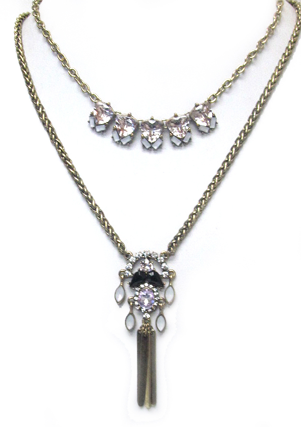BOHEMIAN STYLE CRYSTAL AND METAL BAR DROP DOUBLE LAYER NECKLACE SET