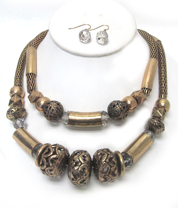 FILIGREE BOLD BEAD AND TUBE CHAIN MIX STATEMENT NECKLACE SET