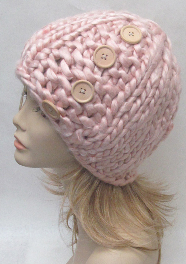 PREMIUM HAND KNIT BUTTON ACCENT OVERSIZE LOOPY MANGO BEANIE