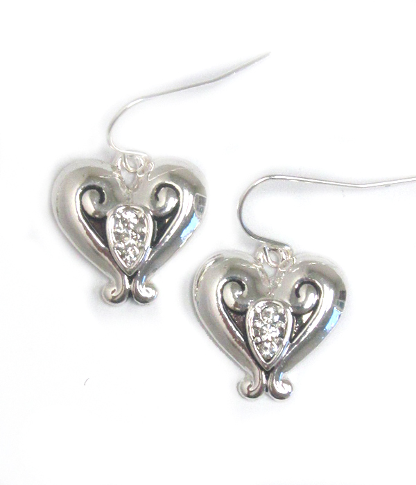 CRYSTAL AND DESIGNER TEXTURED HEART EARRING