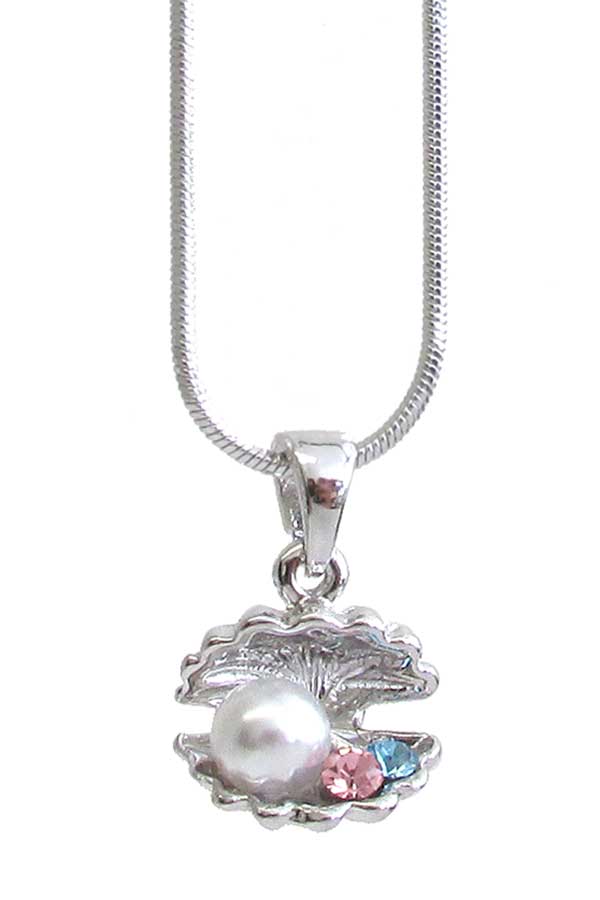 WHITEGOLD PLATING CRYSTAL PEARL SHELL PENDANT NECKLACE