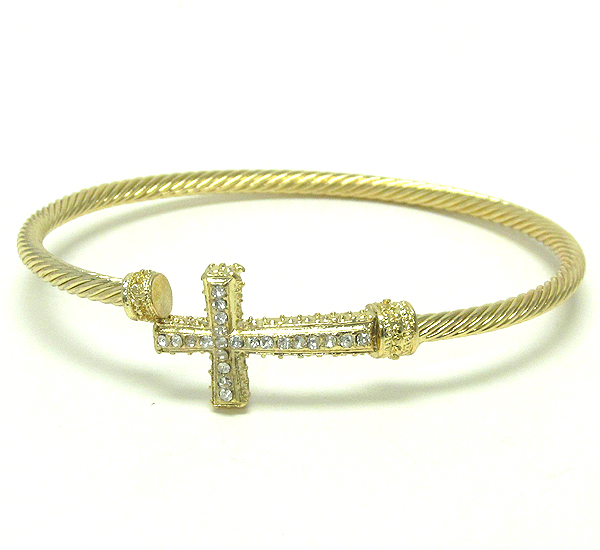 CRYSTAL CROSS AND DESIGNER INSPIRED TWISTED METAL CABLE STRETCH BRACELET