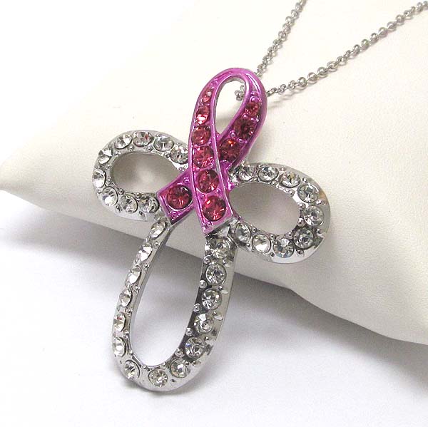 BREAST CANCER AWARENESS CRYSTAL PINK RIBBON AND CROSS PENDANT NECKLACE