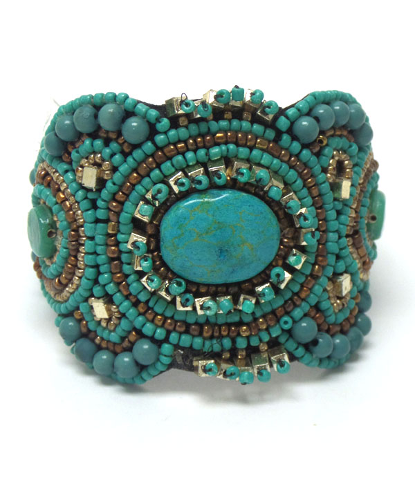 SEED BEADS WITH TURQUOISE STONE CUFF BRACELET