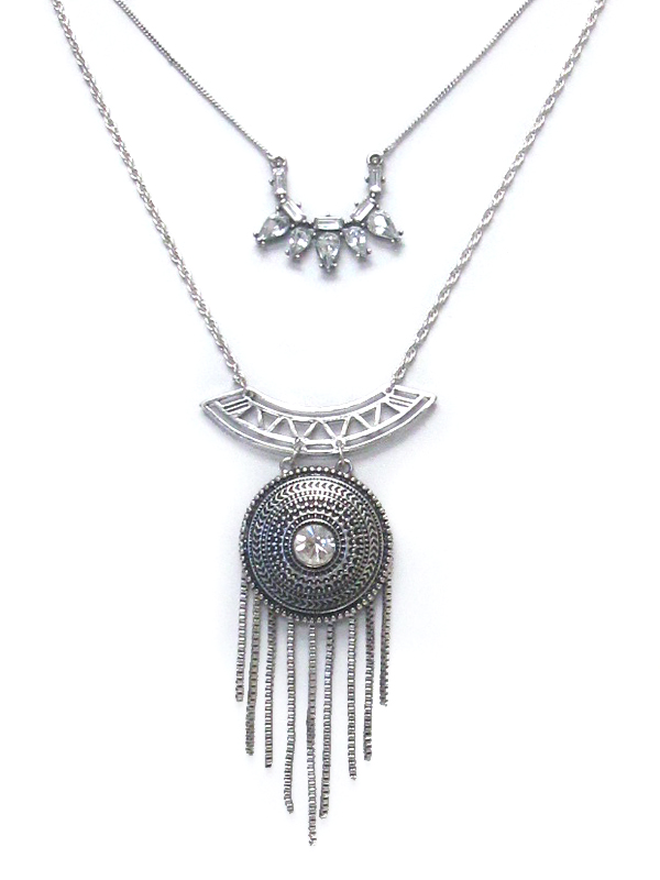 BOHEMIAN STYLE DOUBLE LAYER CRYSTALS AND METAL TEXTURED ROUND DISK NECKLACE SET
