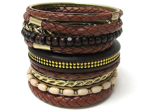 MULTI BRAIDED LEATHER AND WOODEN AND METAL BANGLE BRACELET SET