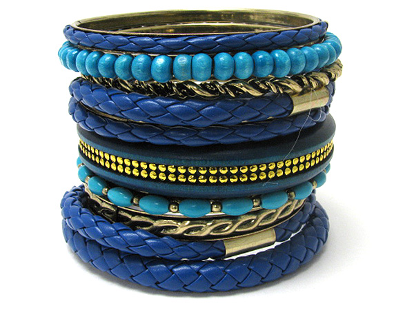 MULTI BRAIDED LEATHER AND WOODEN AND METAL BANGLE BRACELET SET