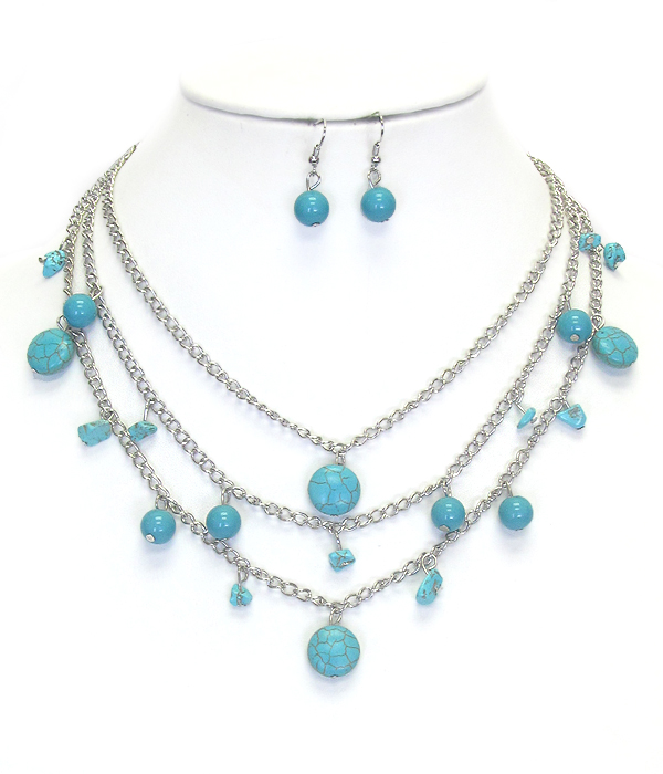 TURQUOISE DANGLE 3 LAYER CHAIN NECKLACE SET
