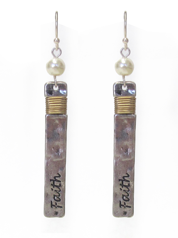 HAMMERED METAL BAR AND WIRE WRAP EARRING - FAITH